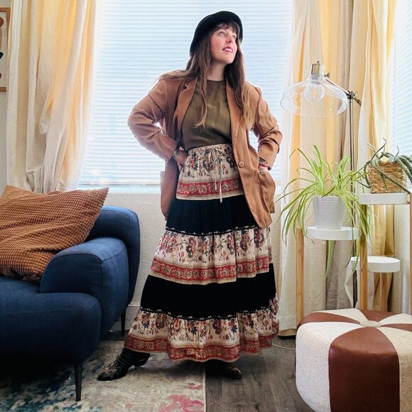 Vintage Prairie Midi Skirt 90s Ronnie Nicole Floral Beaded Flared | Size M/L - Picture 12 of 12